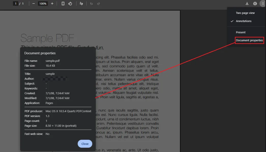 Reading a PDF file's metadata from Google Chrome